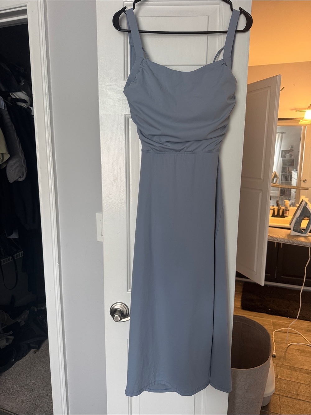 HALARA Dusty Blue Midi Dress with Ruched Bodice